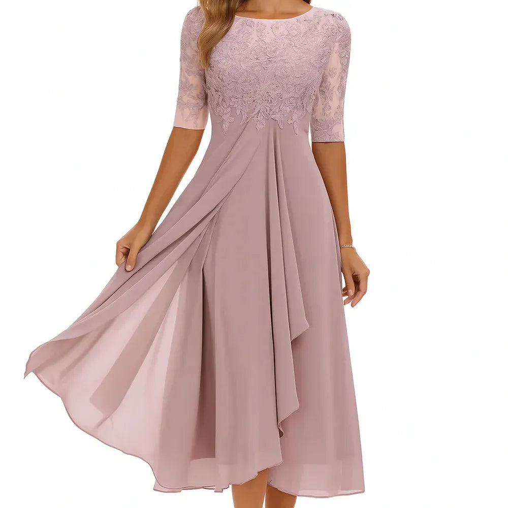 Lace-Trim Chiffon-Look Midi Dress