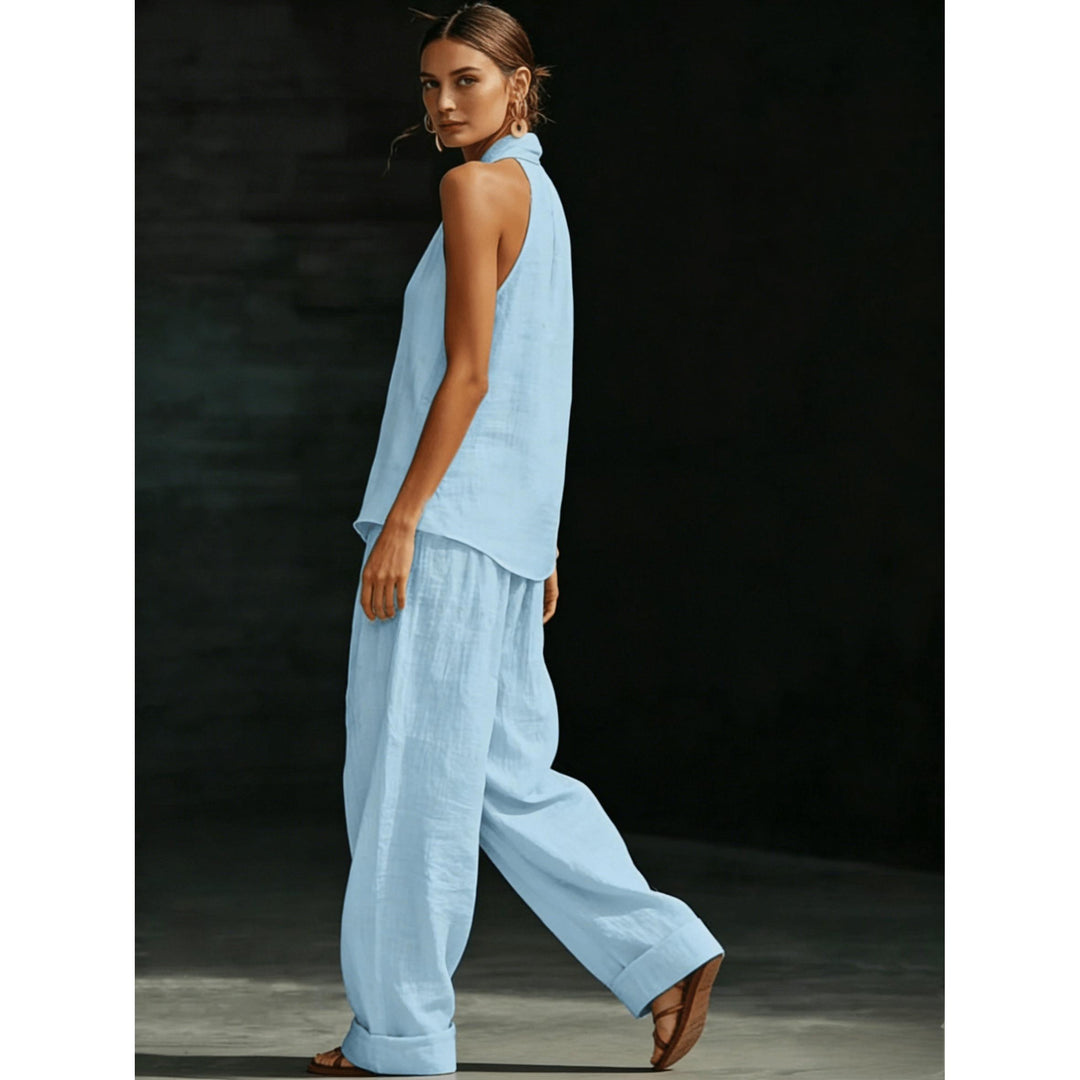 Halter V-Neck Backless Top And Wide-Leg Pants Set