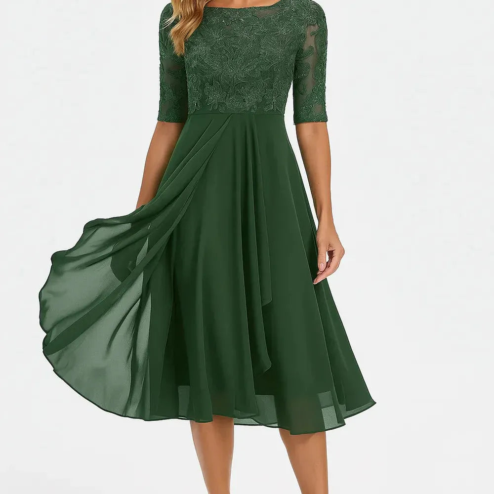 Lace-Trim Chiffon-Look Midi Dress