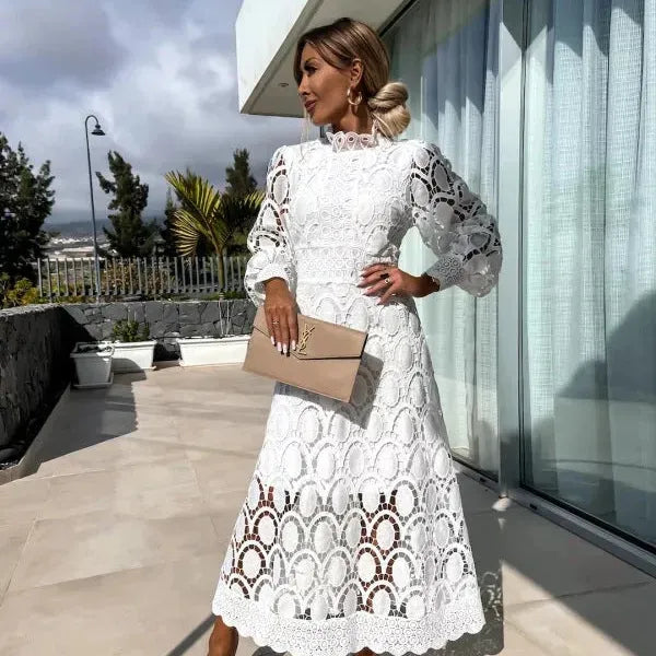Lace-Look Long Sleeve Evening Dress