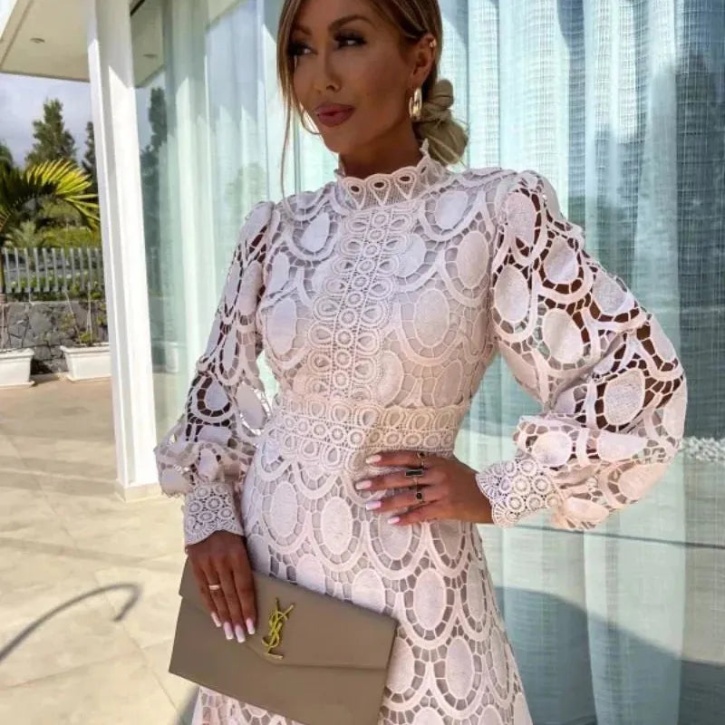Lace-Look Long Sleeve Evening Dress