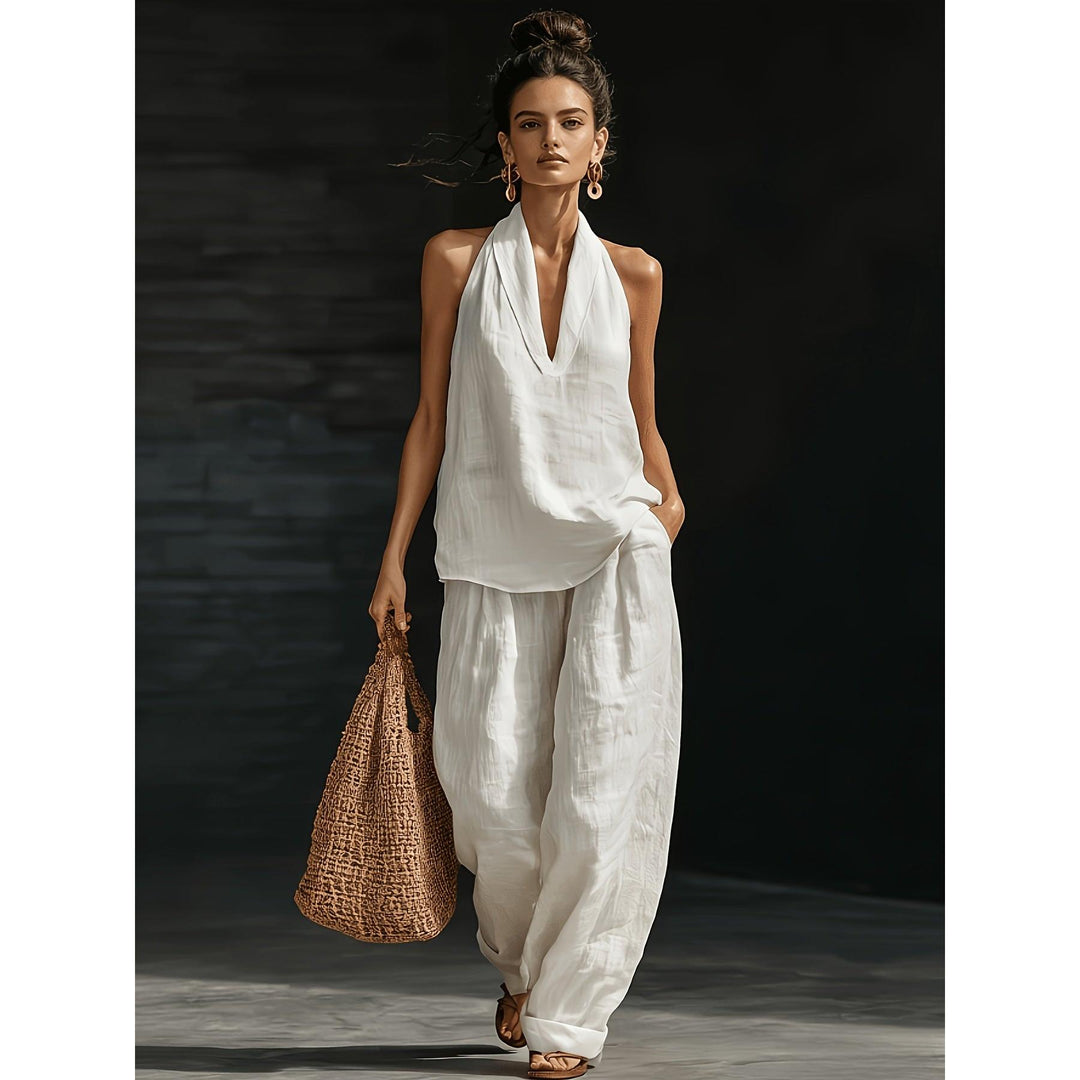 Halter V-Neck Backless Top And Wide-Leg Pants Set