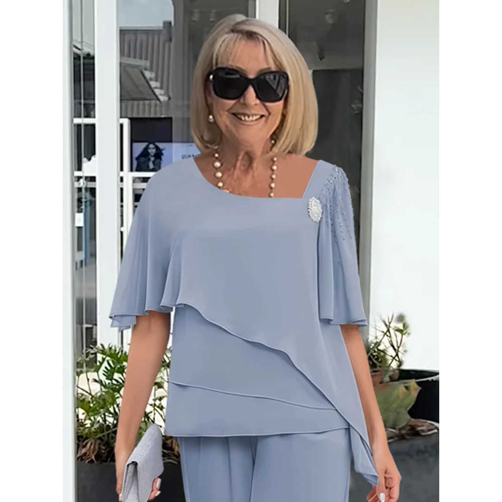 Chiffon-Look Cape Top And Trouser Set