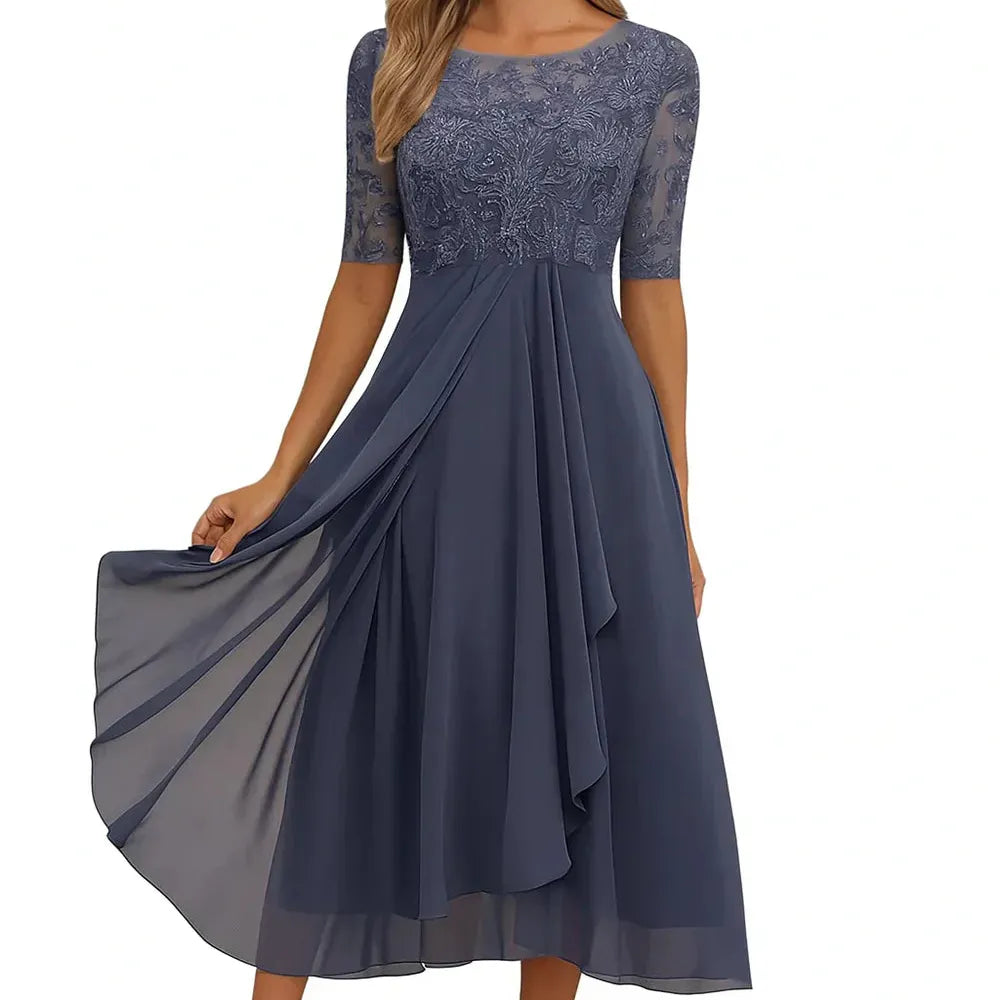 Lace-Trim Chiffon-Look Midi Dress