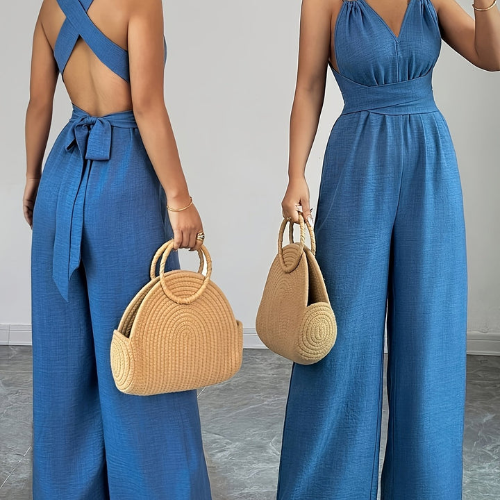 Halter V-Neck Ruched Wide-Leg Jumpsuit