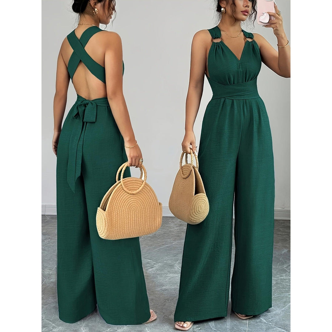 Halter V-Neck Ruched Wide-Leg Jumpsuit