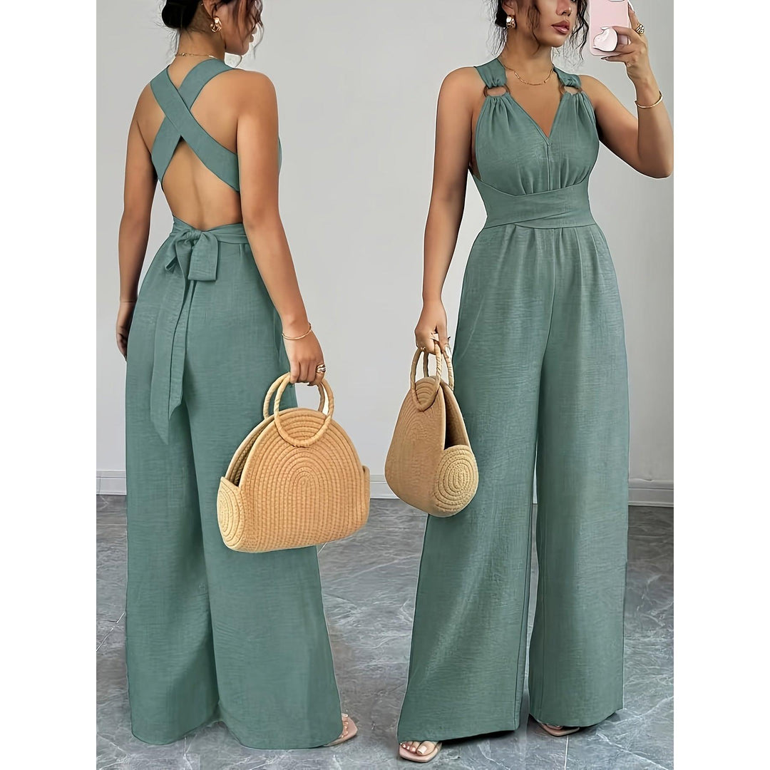 Halter V-Neck Ruched Wide-Leg Jumpsuit