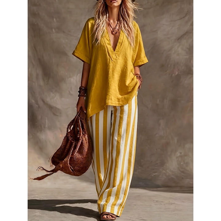 V-Neck Top And Striped Wide-Leg Pants Set