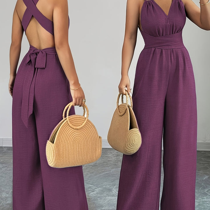 Halter V-Neck Ruched Wide-Leg Jumpsuit