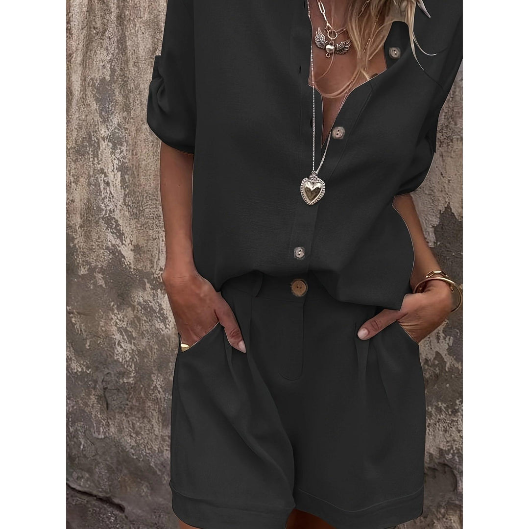 Shimmer-Look Collared Top And Shorts Set