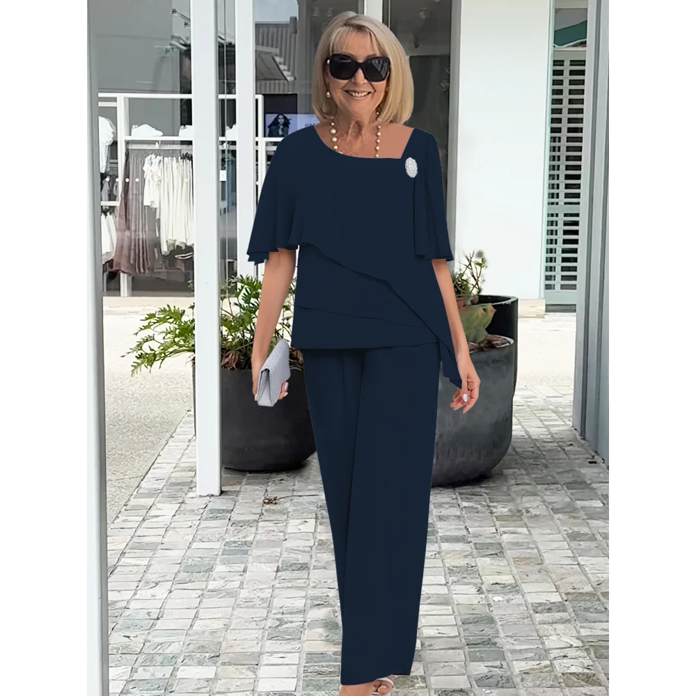 Chiffon-Look Cape Top And Trouser Set