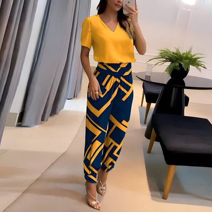 Pleated V-Neck Top And Tapered Pants Set