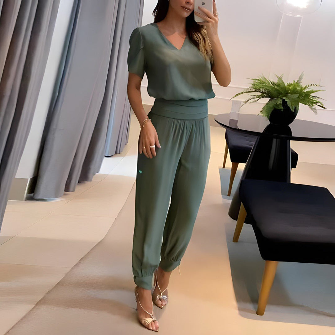 Pleated V-Neck Top And Tapered Pants Set