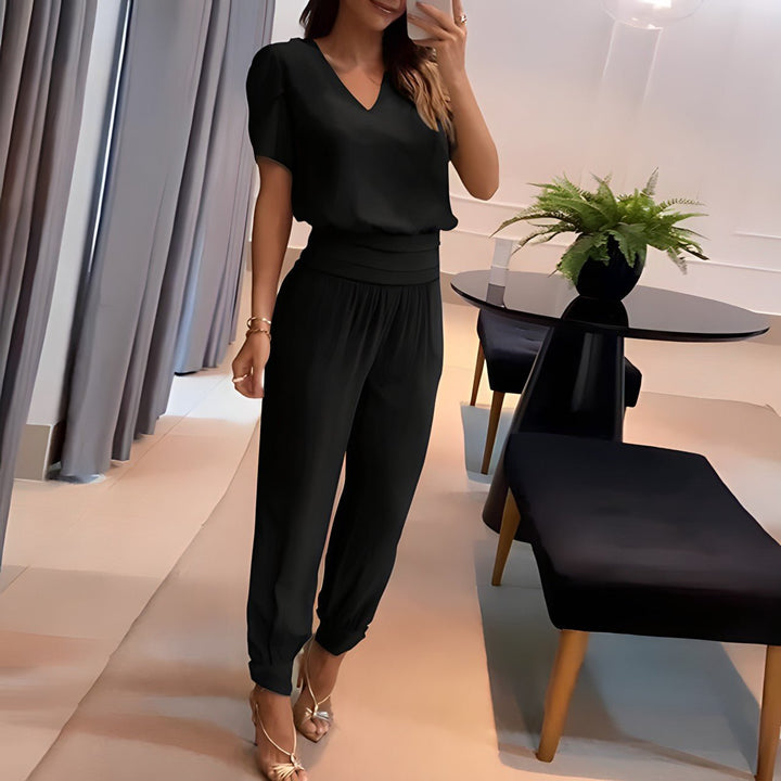 Pleated V-Neck Top And Tapered Pants Set