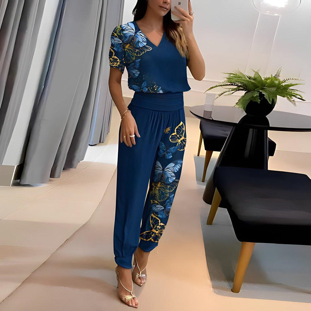 Pleated V-Neck Top And Tapered Pants Set