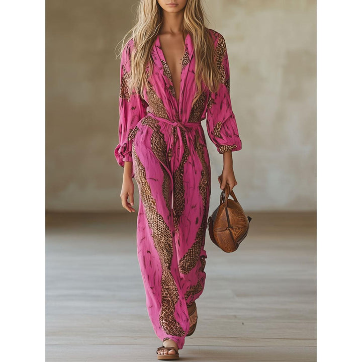 Snakeskin Print Belted Wide-Leg Jumpsuit