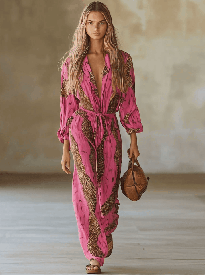 Snakeskin Print Belted Wide-Leg Jumpsuit