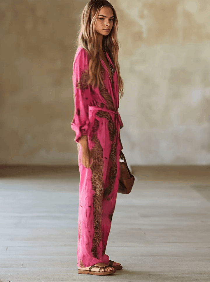 Snakeskin Print Belted Wide-Leg Jumpsuit