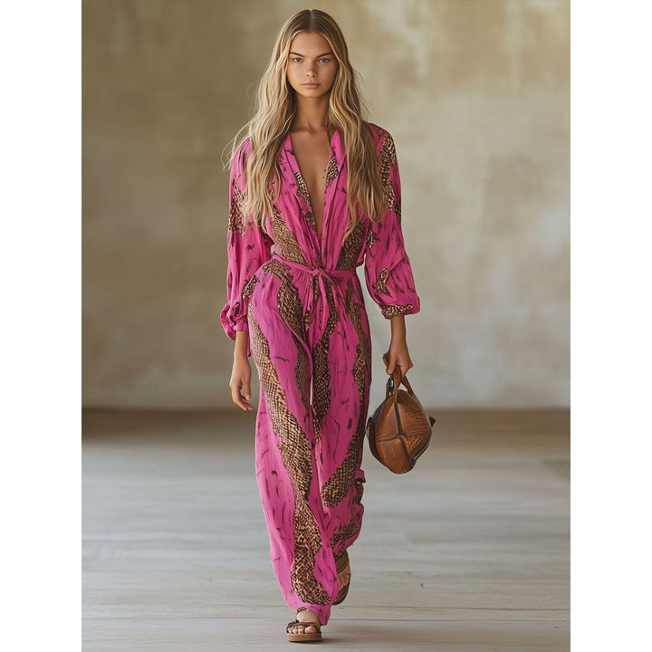 Snakeskin Print Belted Wide-Leg Jumpsuit
