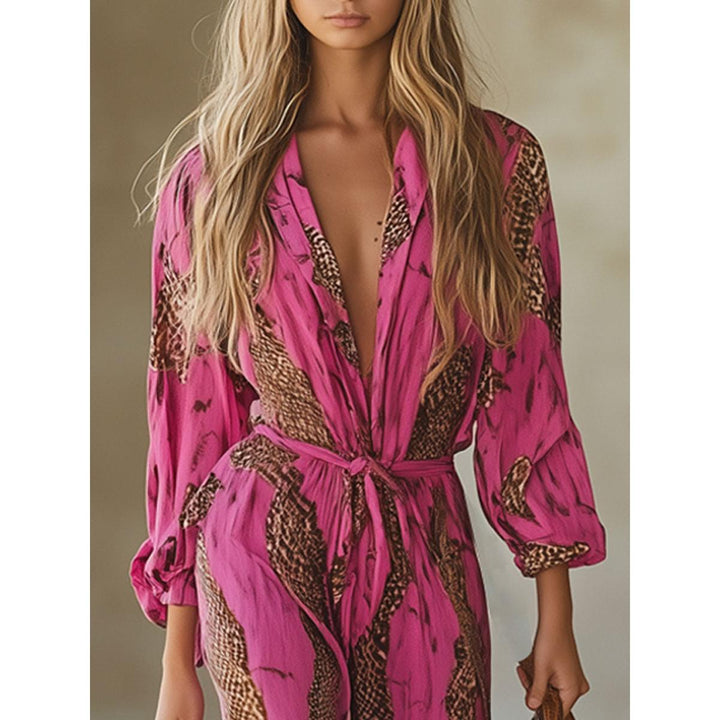 Snakeskin Print Belted Wide-Leg Jumpsuit