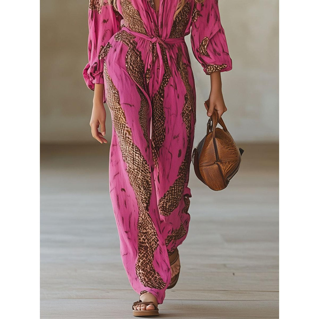 Snakeskin Print Belted Wide-Leg Jumpsuit