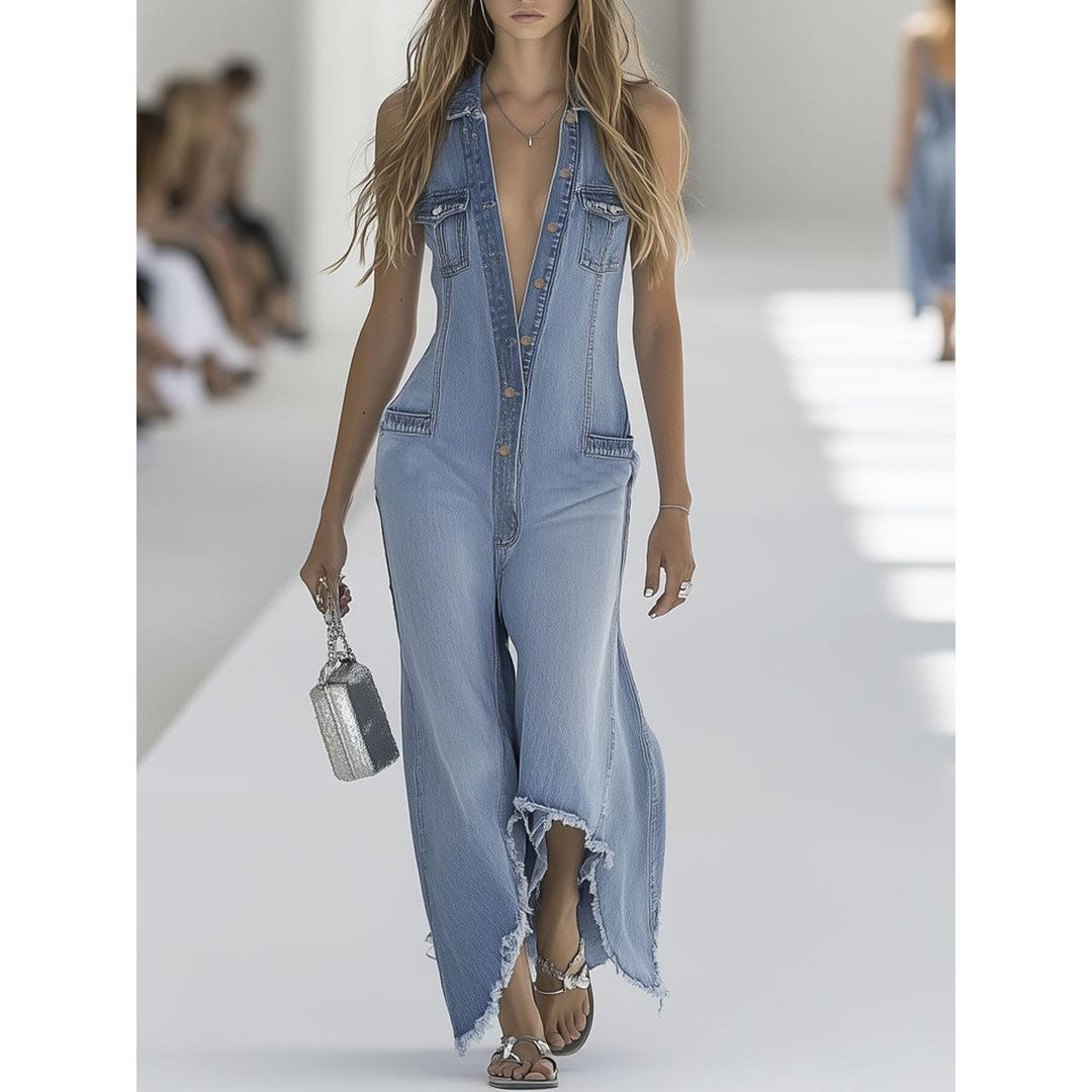 Sleeveless Button-Front Wide-Leg Denim-Look Jumpsuit