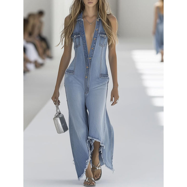 Sleeveless Button-Front Wide-Leg Denim-Look Jumpsuit