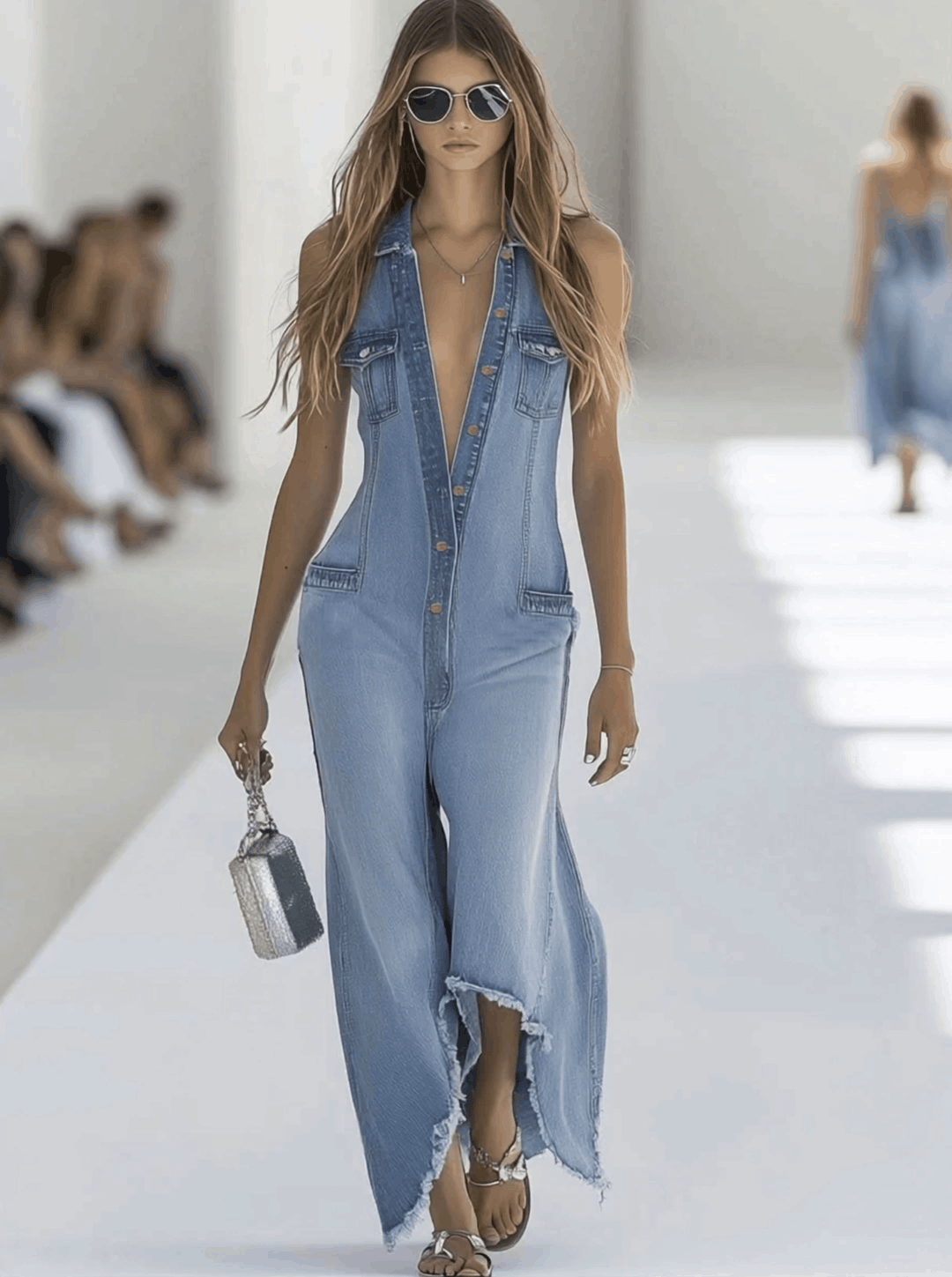 Sleeveless Button-Front Wide-Leg Denim-Look Jumpsuit
