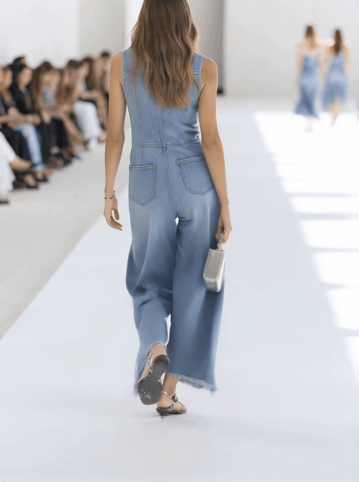 Sleeveless Button-Front Wide-Leg Denim-Look Jumpsuit