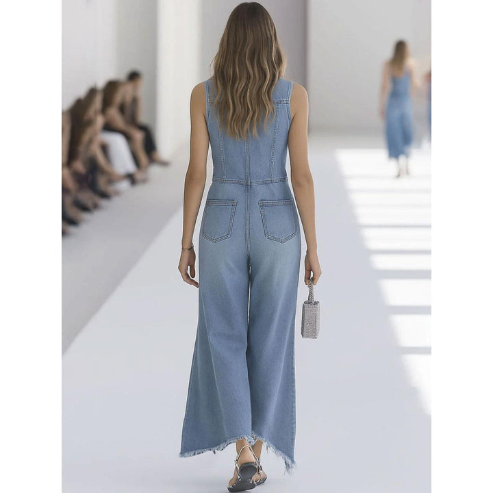 Sleeveless Button-Front Wide-Leg Denim-Look Jumpsuit