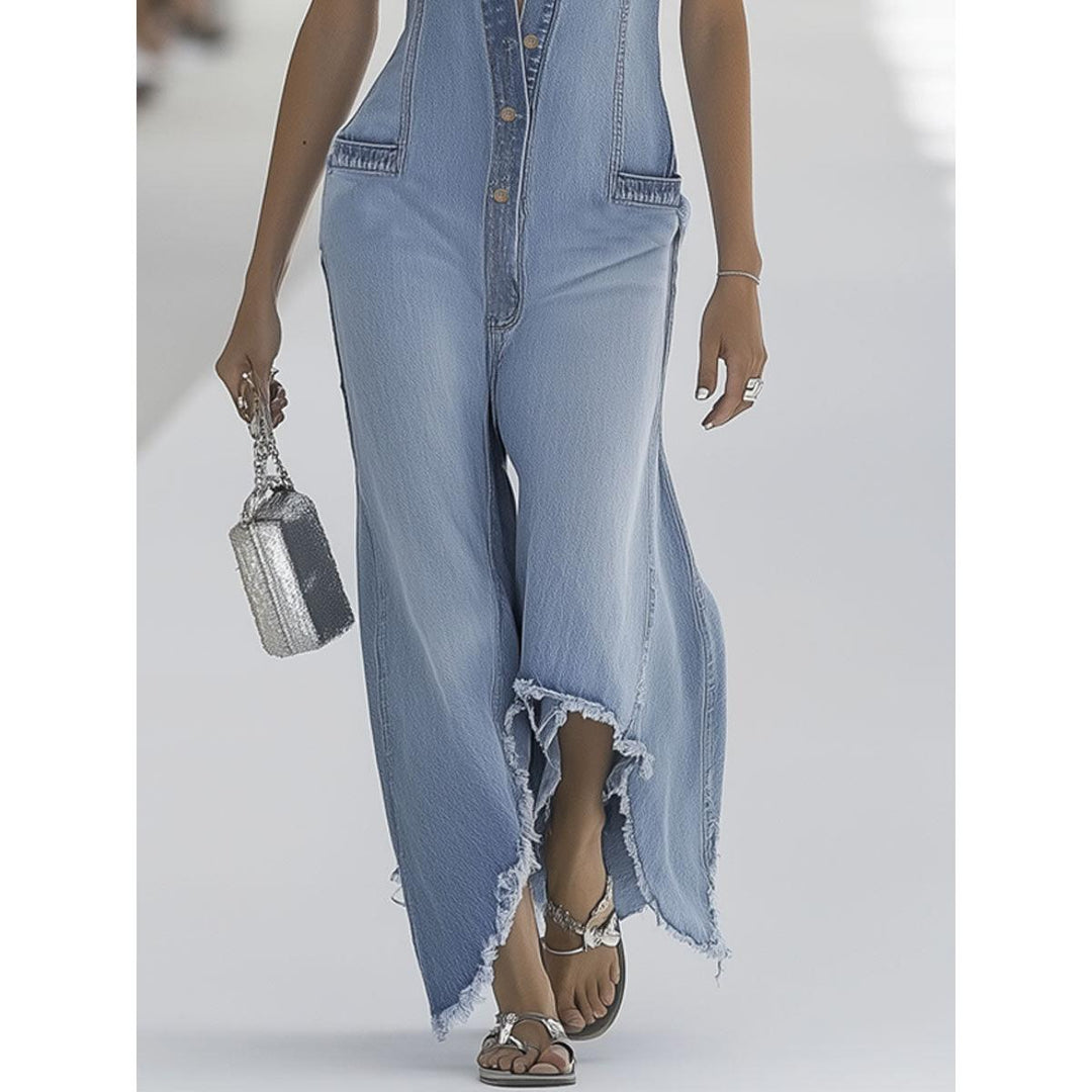 Sleeveless Button-Front Wide-Leg Denim-Look Jumpsuit