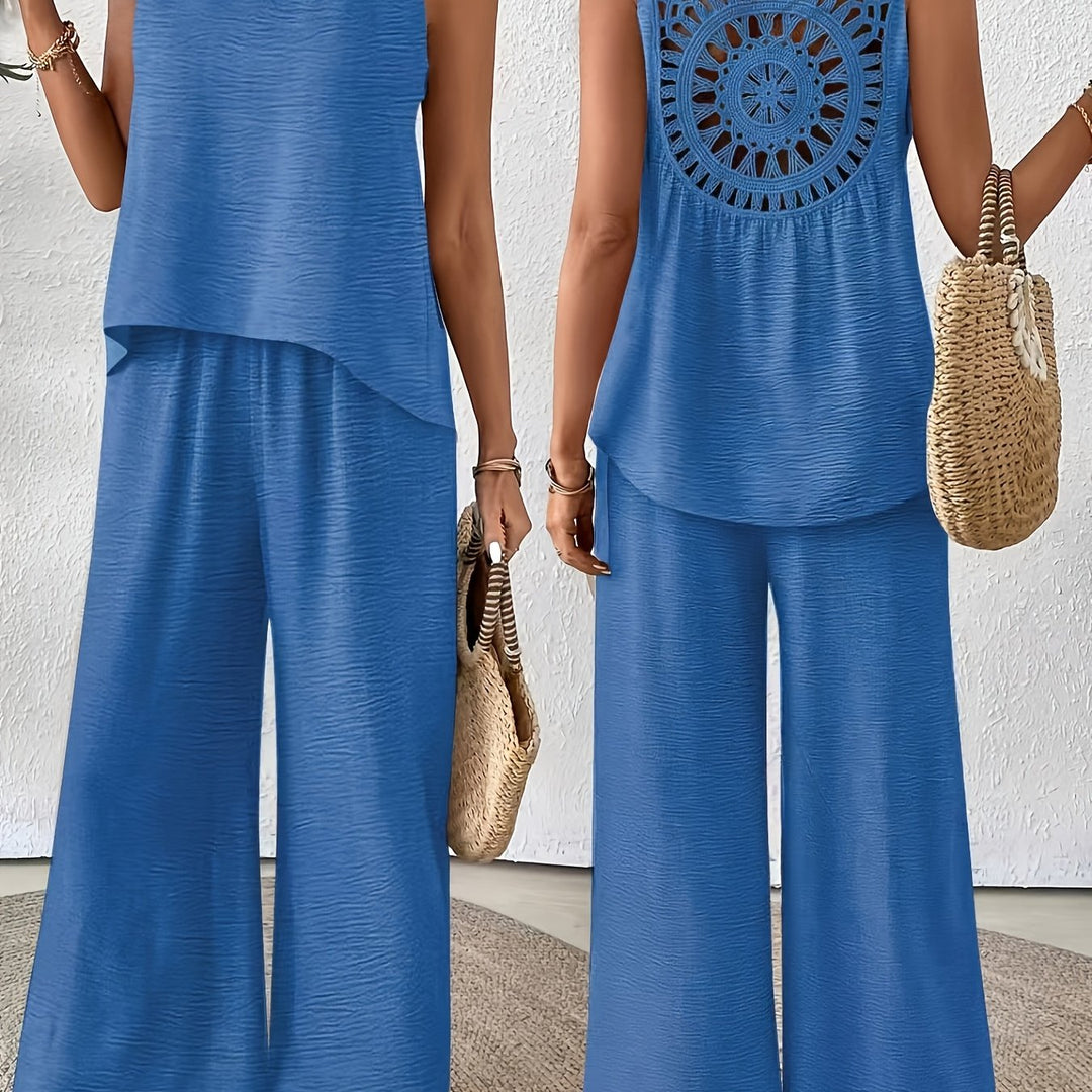 Crochet Back Sleeveless Top And Wide-Leg Pants Set