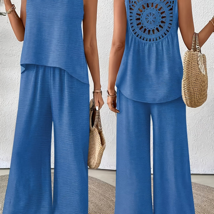 Crochet Back Sleeveless Top And Wide-Leg Pants Set
