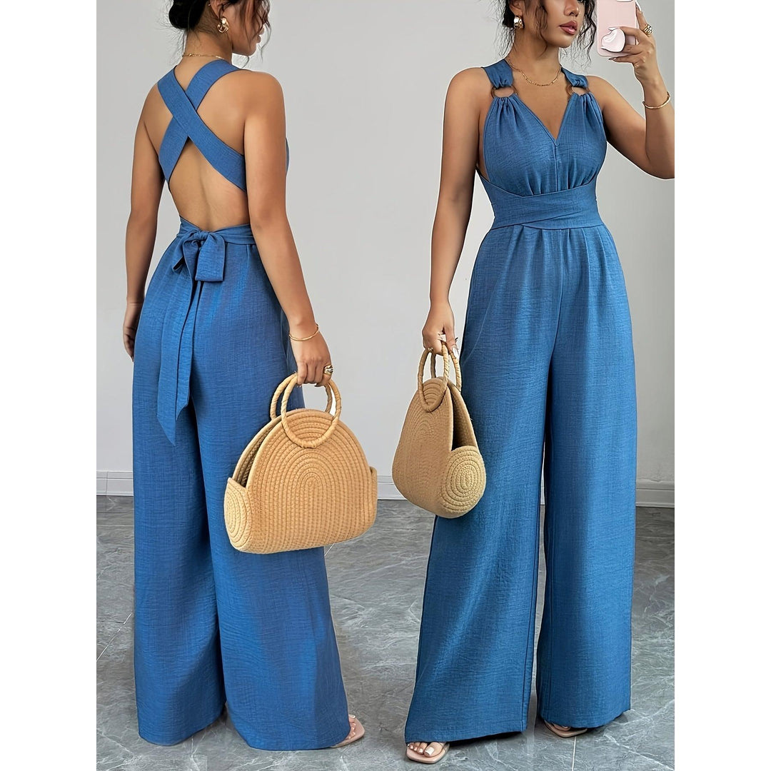 Halter V-Neck Ruched Wide-Leg Jumpsuit