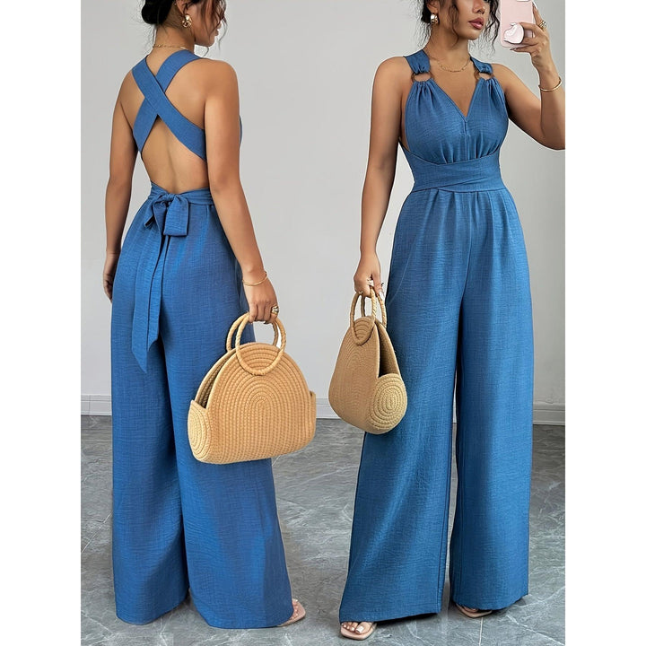 Halter V-Neck Ruched Wide-Leg Jumpsuit