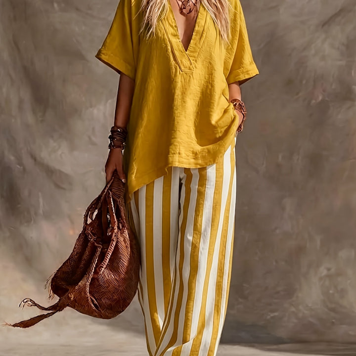 V-Neck Top And Striped Wide-Leg Pants Set