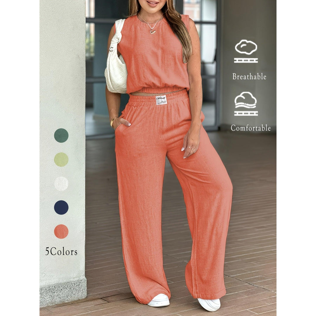 Crew Neck Sleeveless Crop Top And Wide-Leg Pants Set