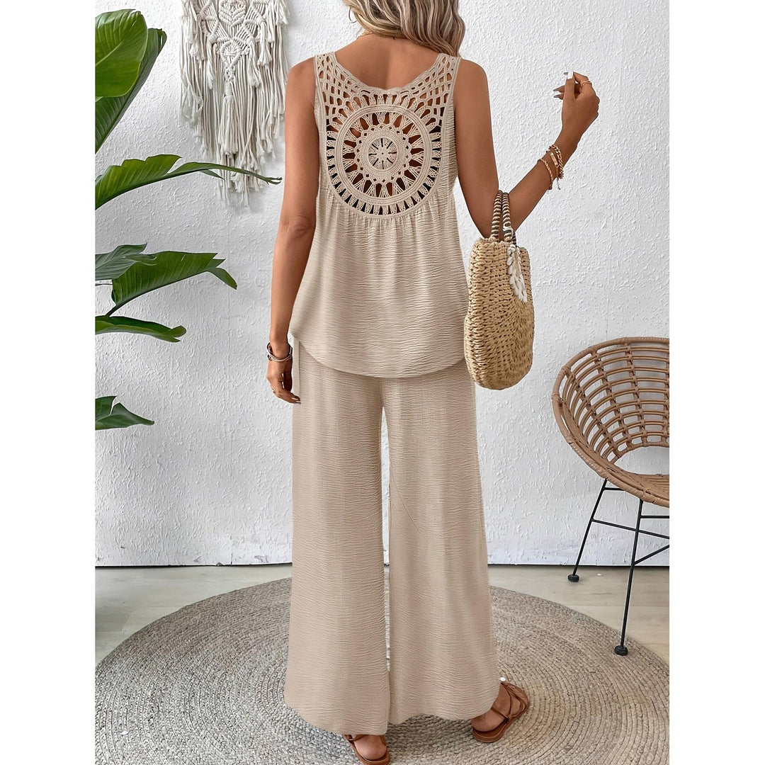 Crochet Back Sleeveless Top And Wide-Leg Pants Set