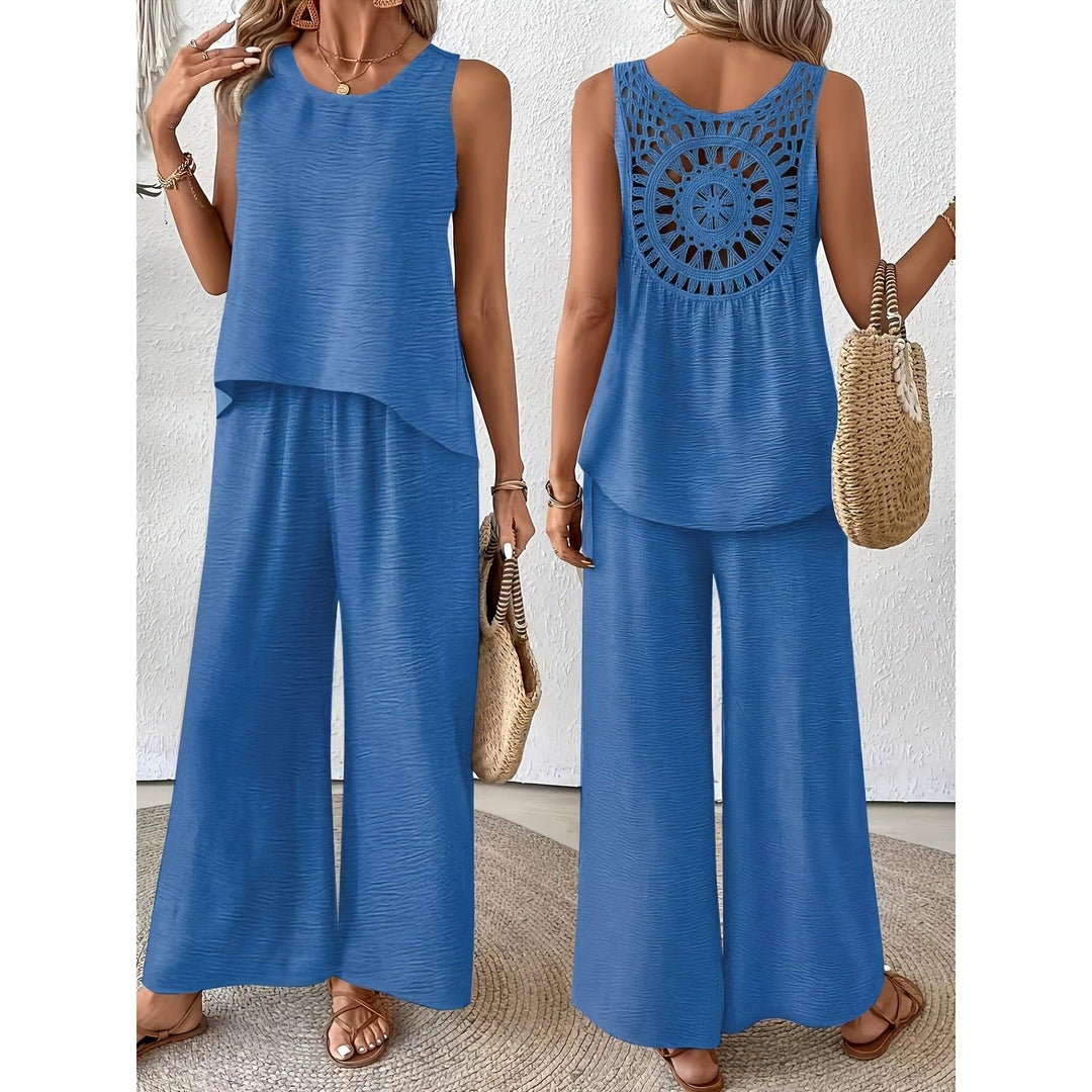 Crochet Back Sleeveless Top And Wide-Leg Pants Set