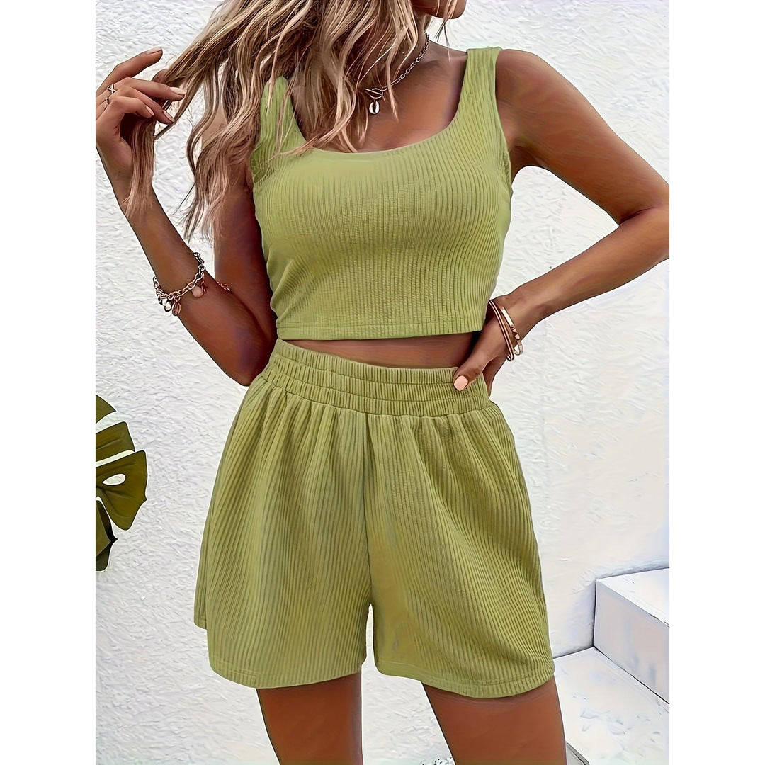Ribbed Scoop Neck Crop Top And Shorts Set
