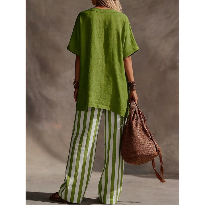 V-Neck Top And Striped Wide-Leg Pants Set