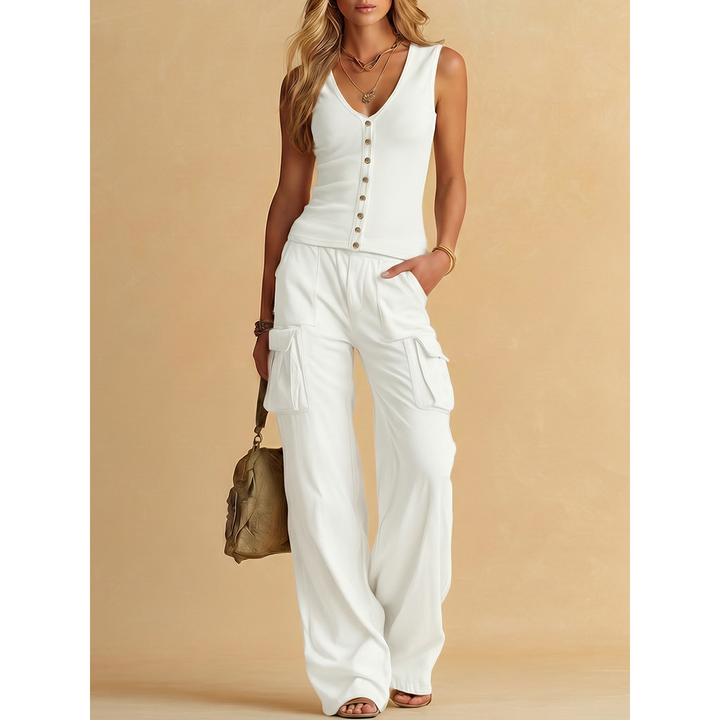 Ribbed Button Tank And Cargo Wide-Leg Pant Set
