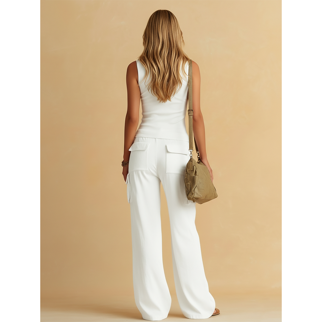 Ribbed Button Tank And Cargo Wide-Leg Pant Set