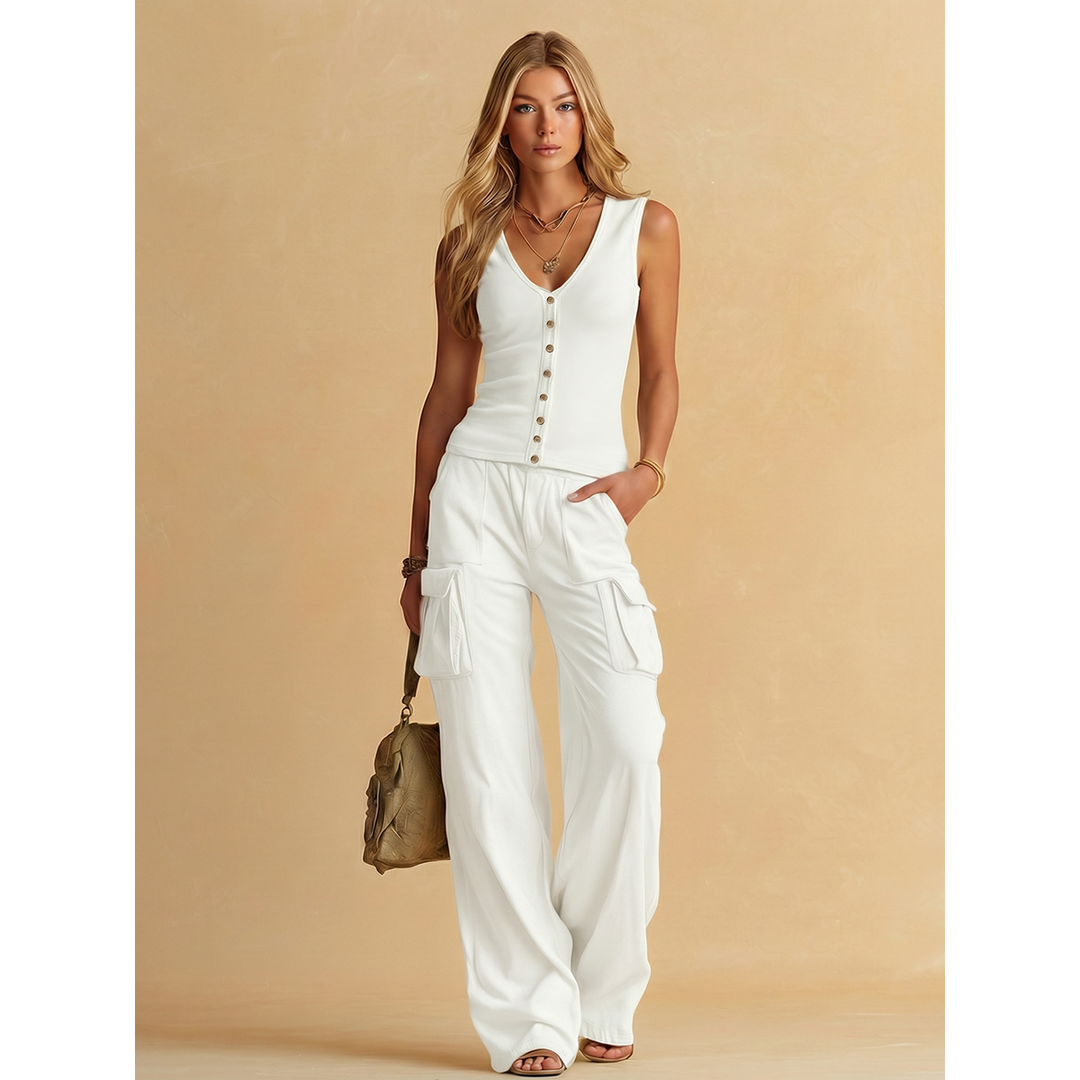 Ribbed Button Tank And Cargo Wide-Leg Pant Set
