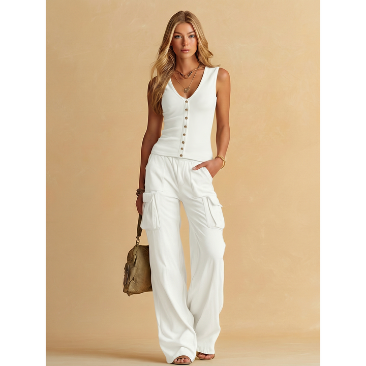 Ribbed Button Tank And Cargo Wide-Leg Pant Set