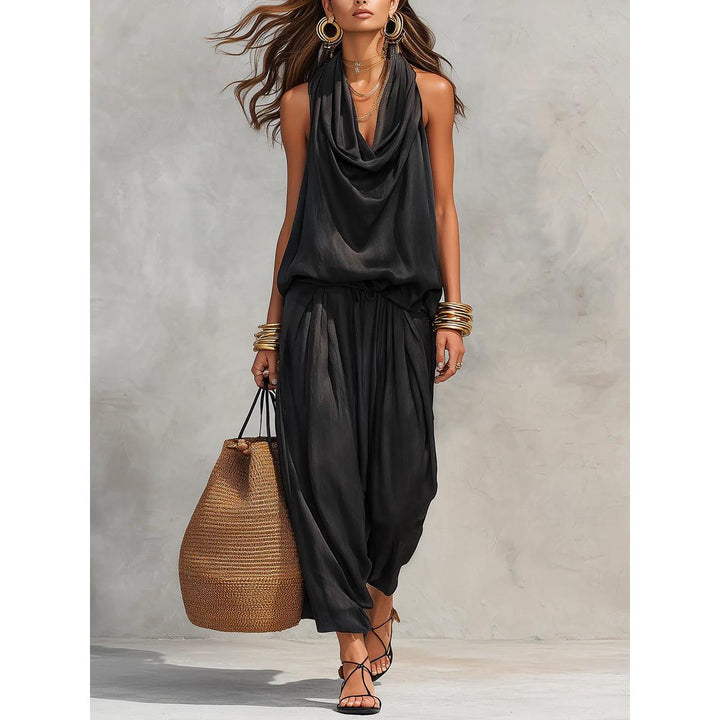 Cowl Neck Halter Top And Draped Wide-Leg Pant Set