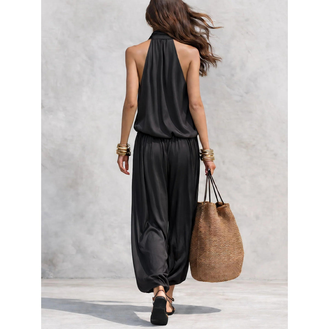 Cowl Neck Halter Top And Draped Wide-Leg Pant Set