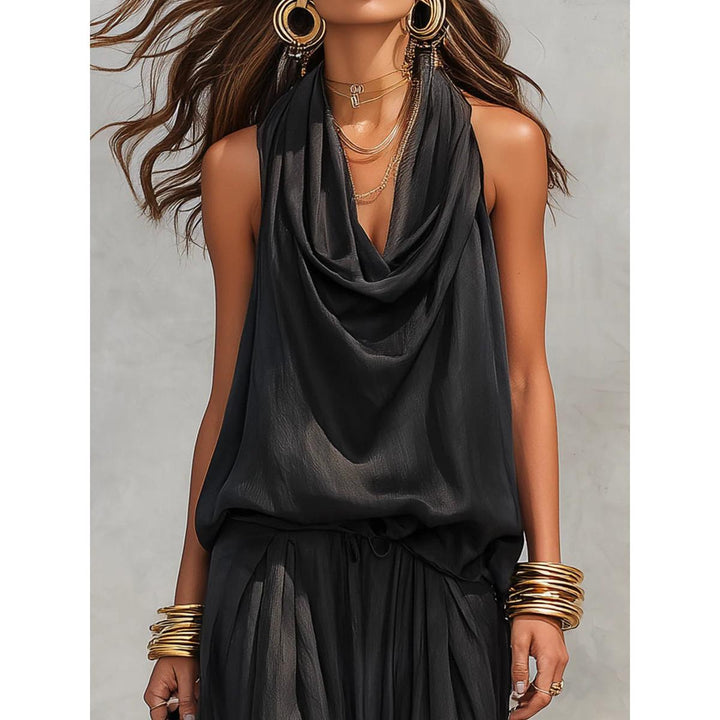 Cowl Neck Halter Top And Draped Wide-Leg Pant Set