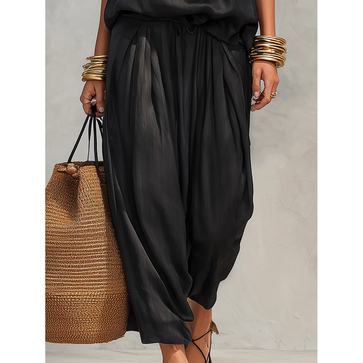Cowl Neck Halter Top And Draped Wide-Leg Pant Set