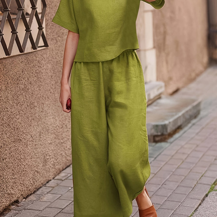 Crew Neck Short Sleeve Top And Wide-Leg Pants Set